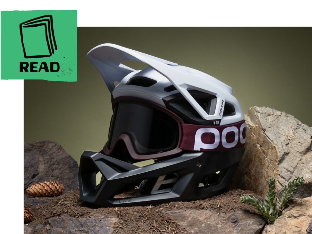 Staged mountain bike helmet with goggles. 