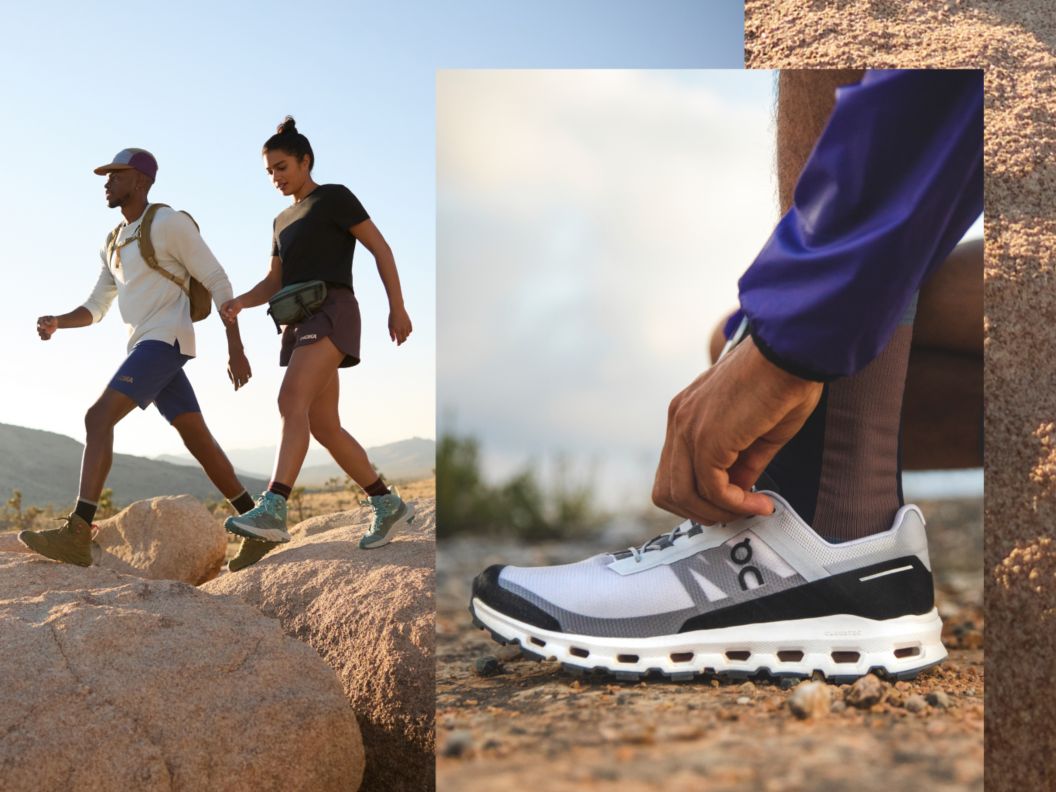 Collage featuring a man and woman hiking a rocky trail and a detail shot of a black and white On Cloudvista trail running shoe. 