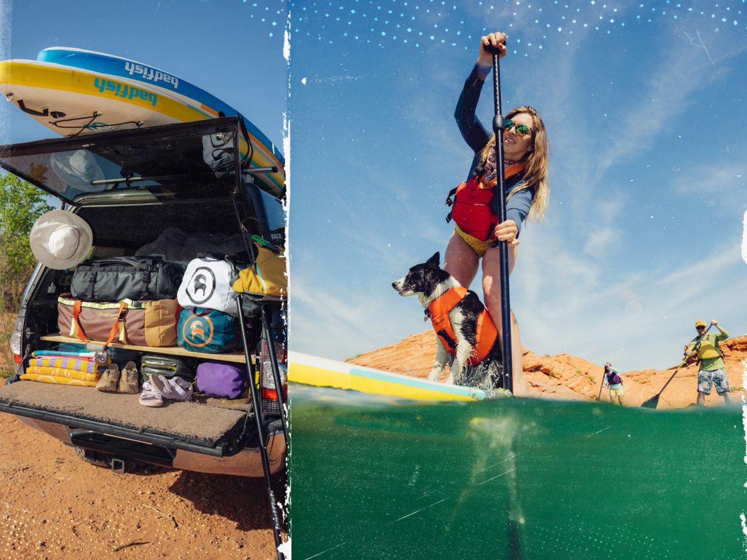 Two images stacked together of a car loaded with paddle boards and duffel bags, and a person paddling through water with their friends.