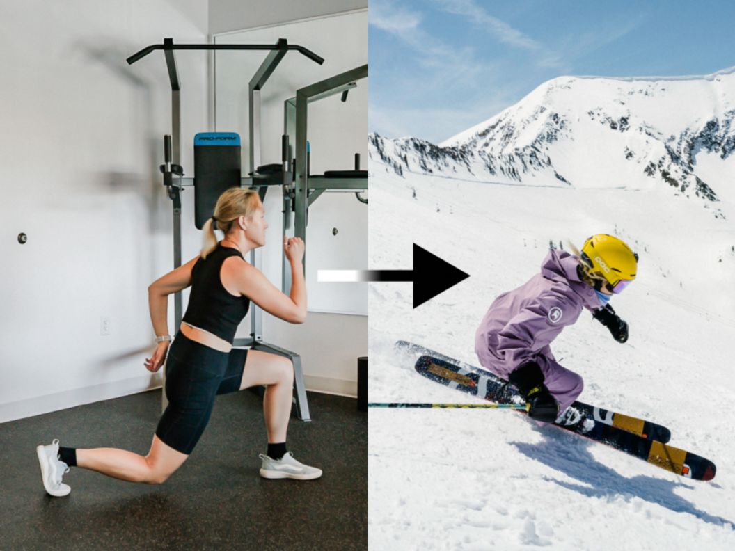 Collage of gym goer performing jumping lunge and skier making a turn. 