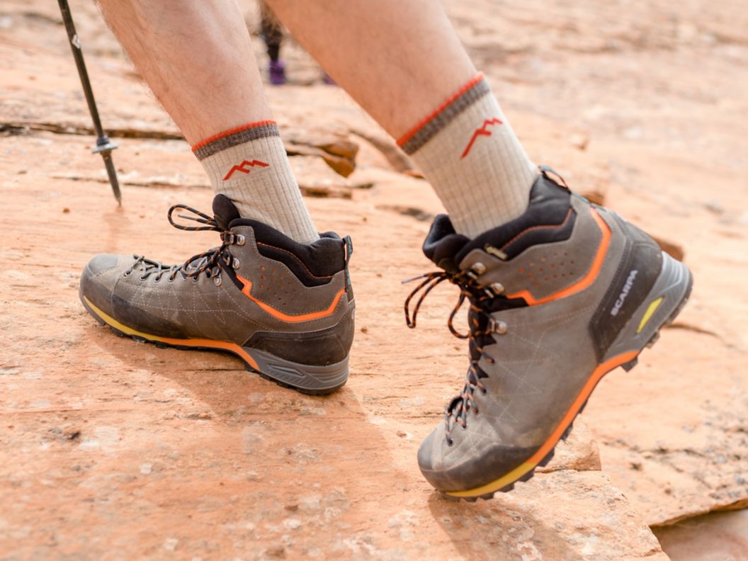 Closeup of feet with hiking boots