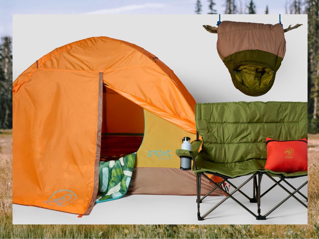A mountain field in the background with a tent, camp chair, and sleeping bag overlayed.