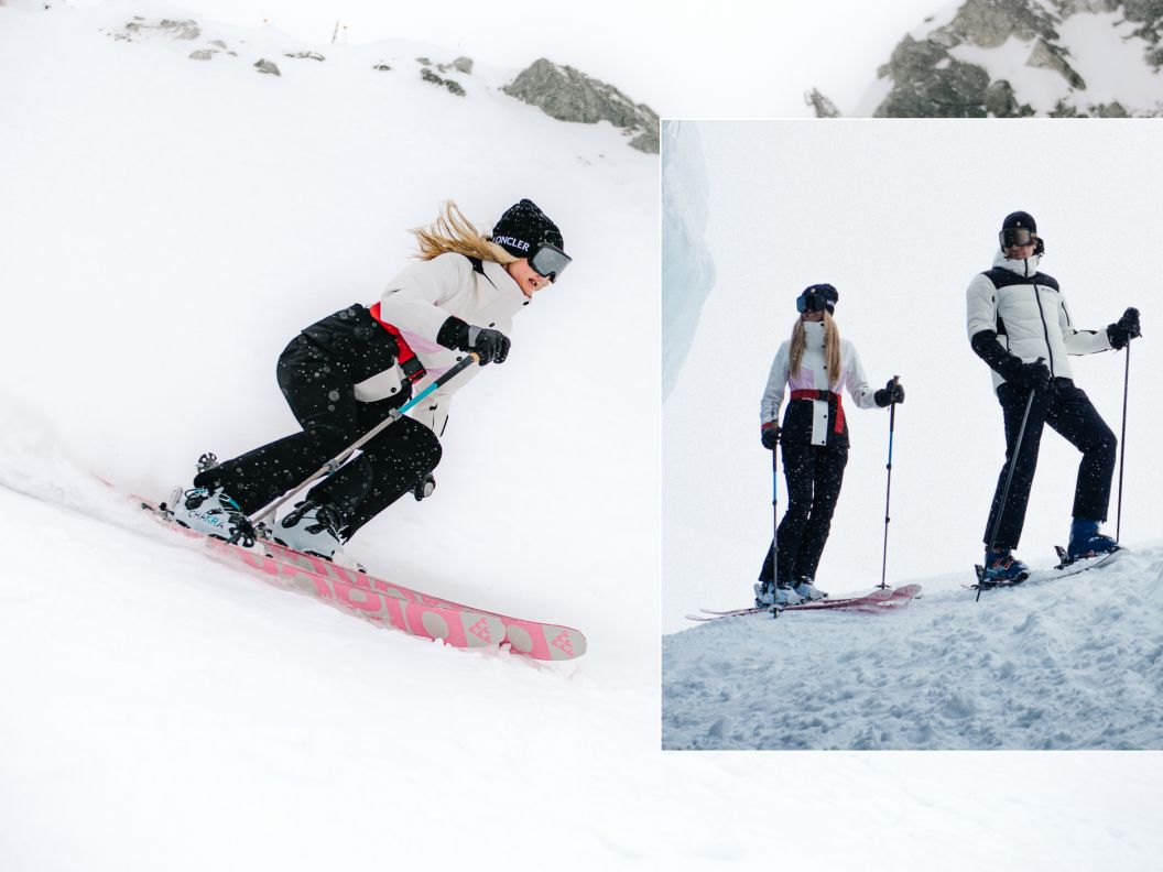A woman is turning on Black Crow skis and designer apparel. A second image overlayed on the first has a man and a woman standing on skis in high-end, ski styles. 