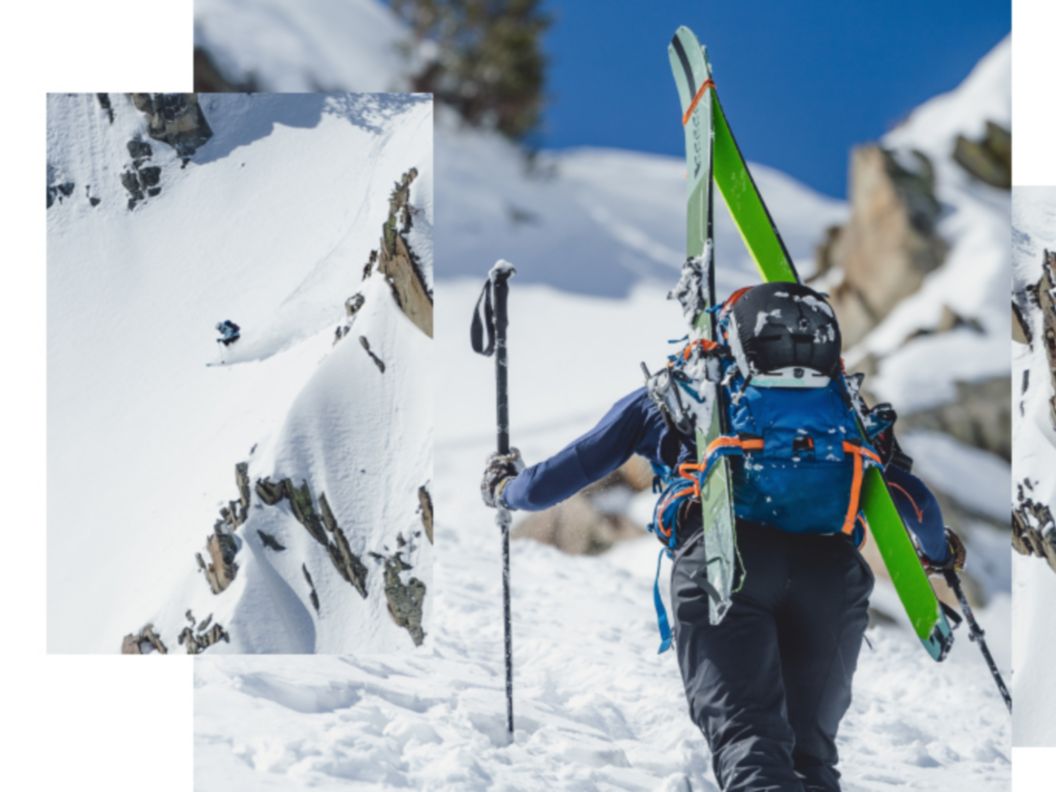 A wide-view image of a skier on a backcountry line, beside an image of a ski mountaineer hiking a snowy peak.
