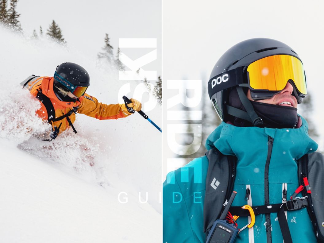 Two images split by a horizontal line. One image is of a skier carving deep powder. The other image is a snowboarder doing the same.