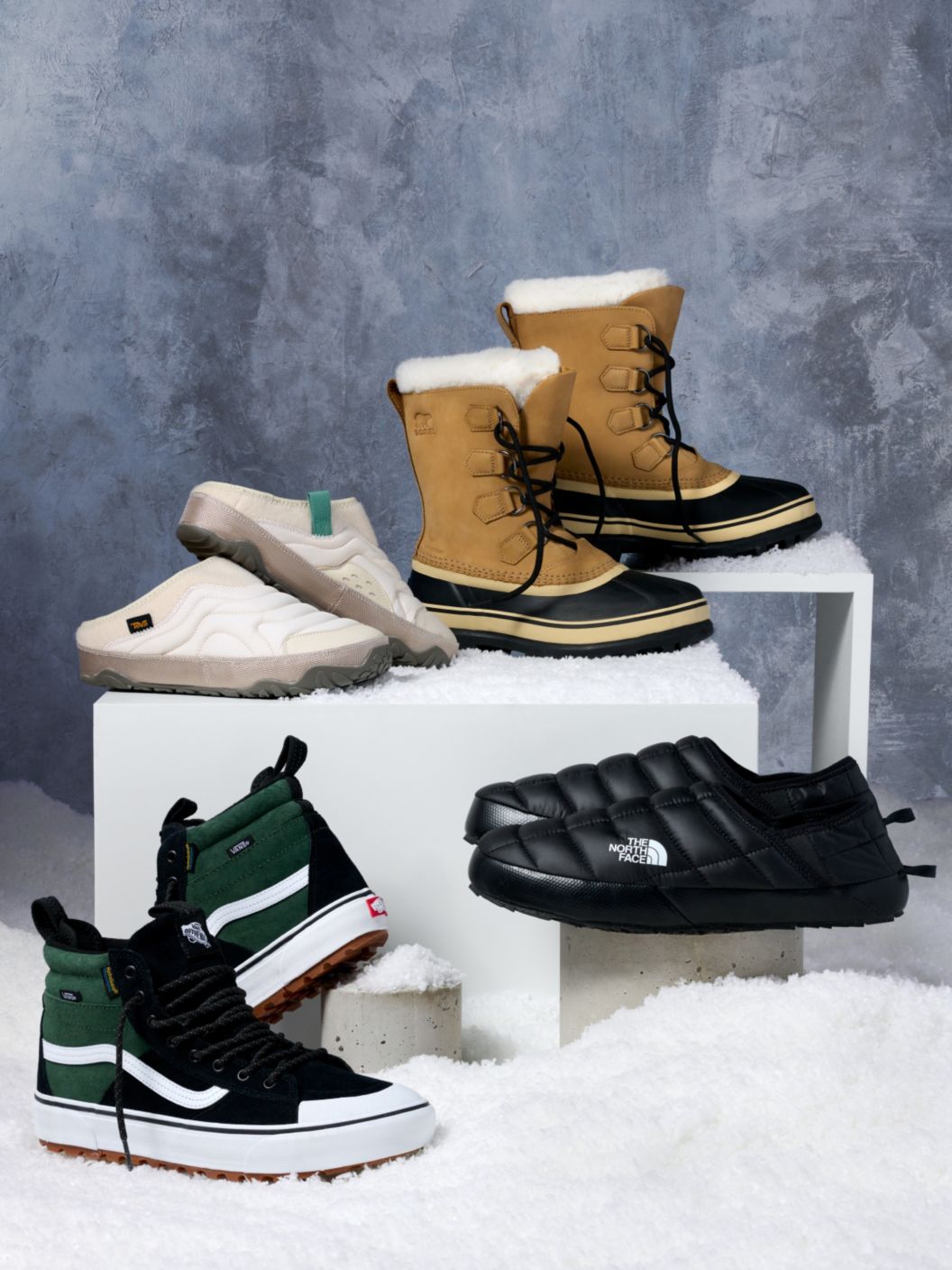 All-terrain slippers and snow boots from Vans, The North Face, Teva & Sorel. 