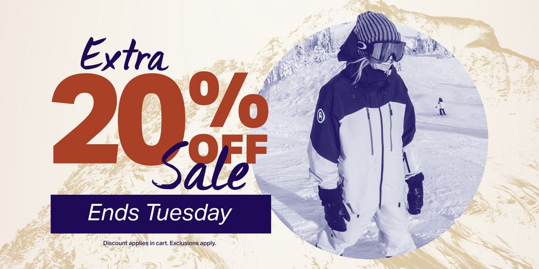 A graphic collage featuring a snowy mountain, a woman at a ski resort wearing black and white snow outerwear, and script reading “Extra 20% Off Sale Ends Tuesday” with a disclaimer that says, “Discount applies in cart.” 