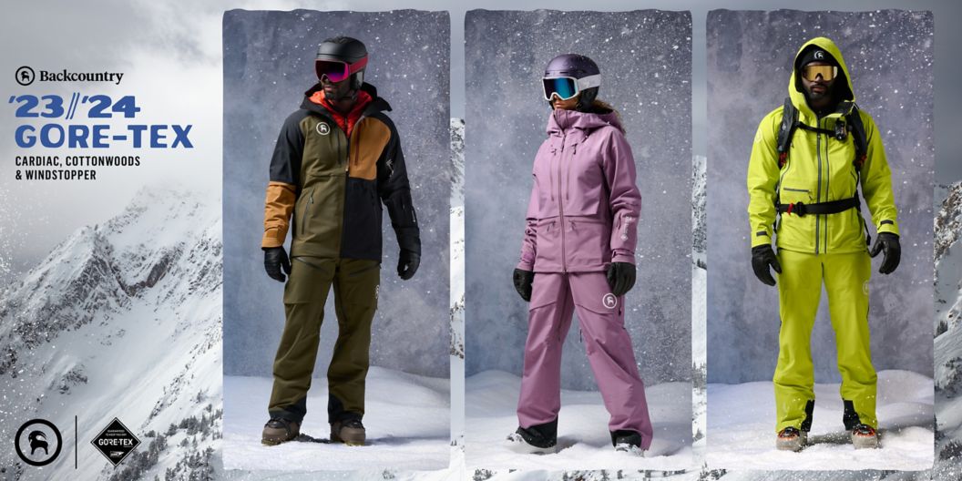 Images of three individuals in Gore-Tex snow jackets and snow pants. 