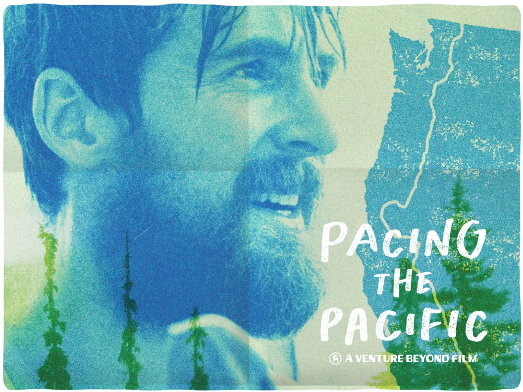 Film poster for Pacing The Pacific, featuring a Karel Sabbe in profile and a map of the Pacific Crest Trail.