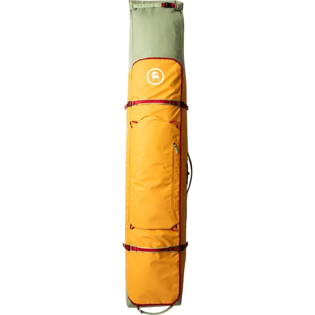 Gold-colored ski and snowboard boot bag.