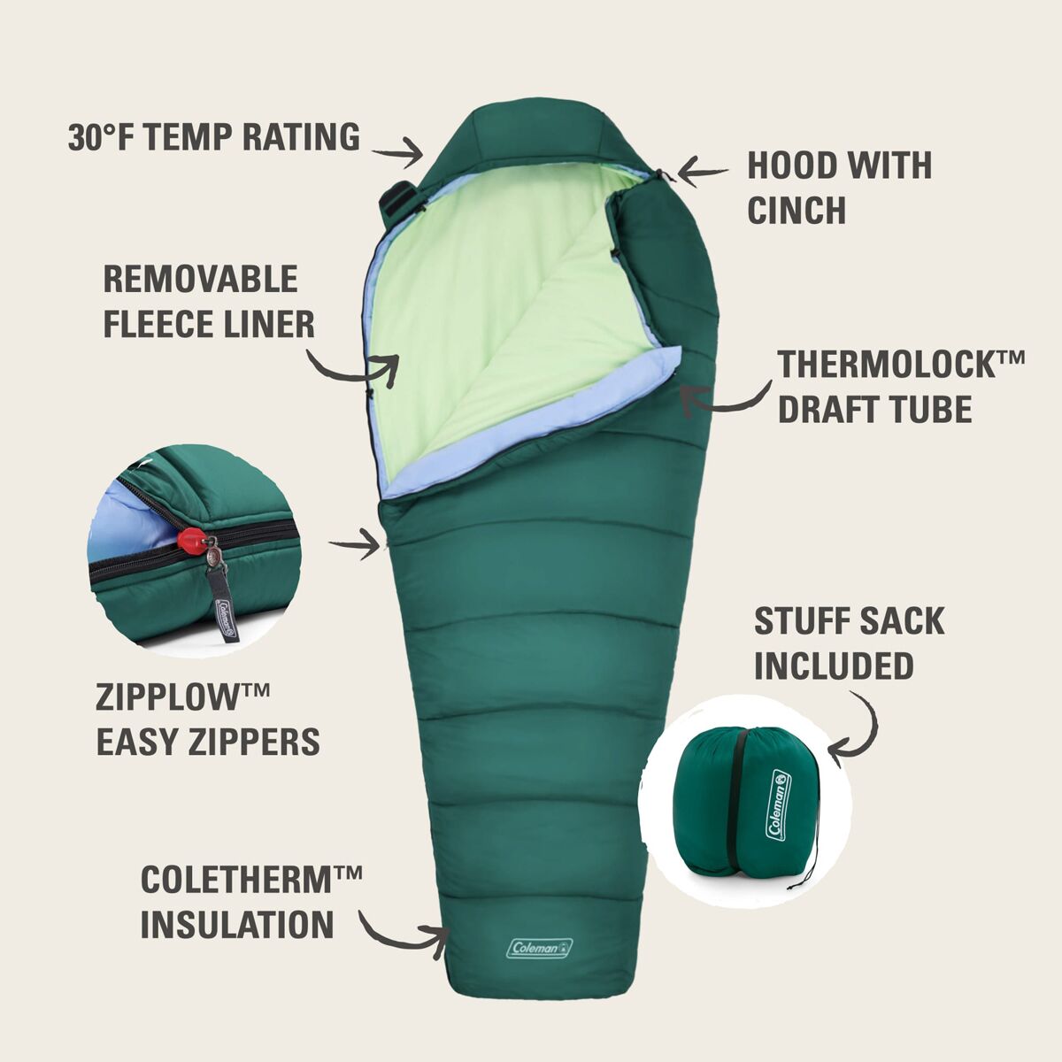 Сумка Coleman Comfort Camp 3-in-1 Sleeping Bag: 30F Synthetic, цвет: Зелёный — фото 2