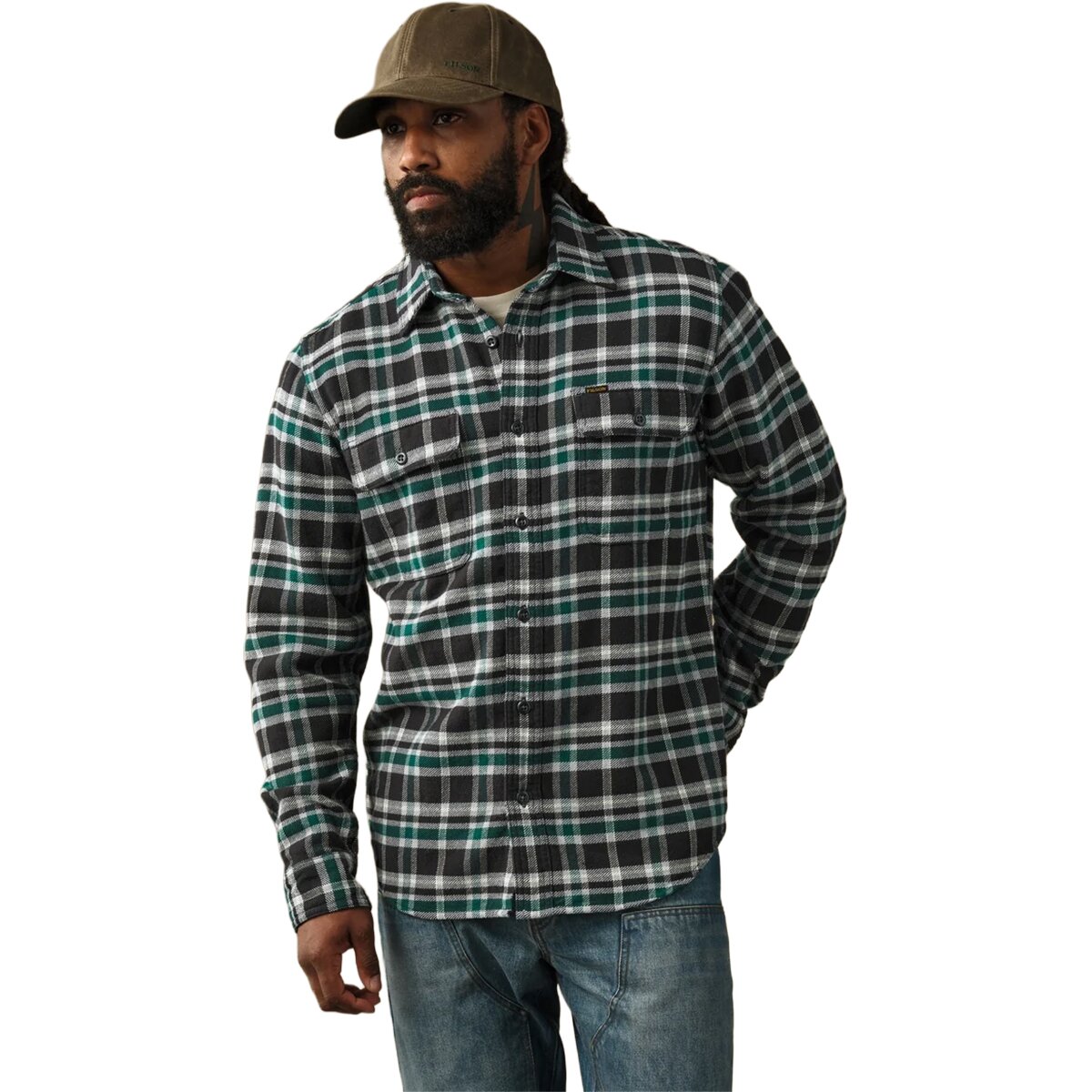Мужская рубашка Filson Vintage Flannel Work, цвет: Чёрный / Зелёный клетчатый — фото 1