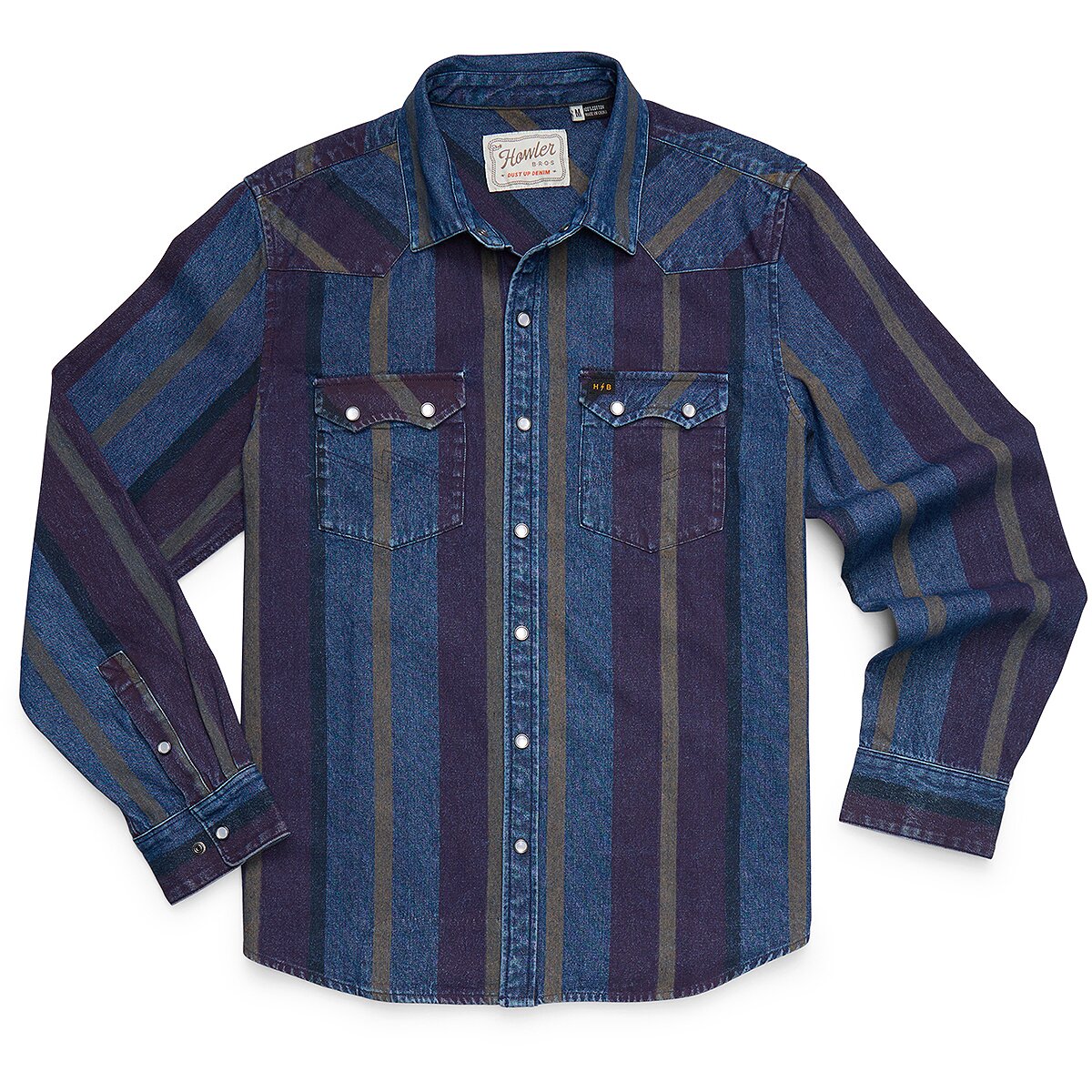Мужские рубашки Howler Brothers Dust Up Denim Snapshirt, цвет: Полосатый / Баклажановый — фото 10