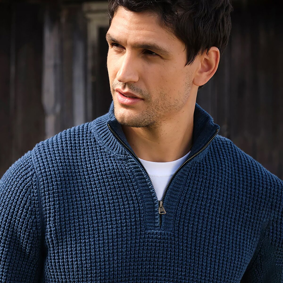 Мужской свитер L.L.Bean Bean's Organic Waffle Knit 1/4 Zip, цвет: Карбоновый тёмно-синий — фото 2