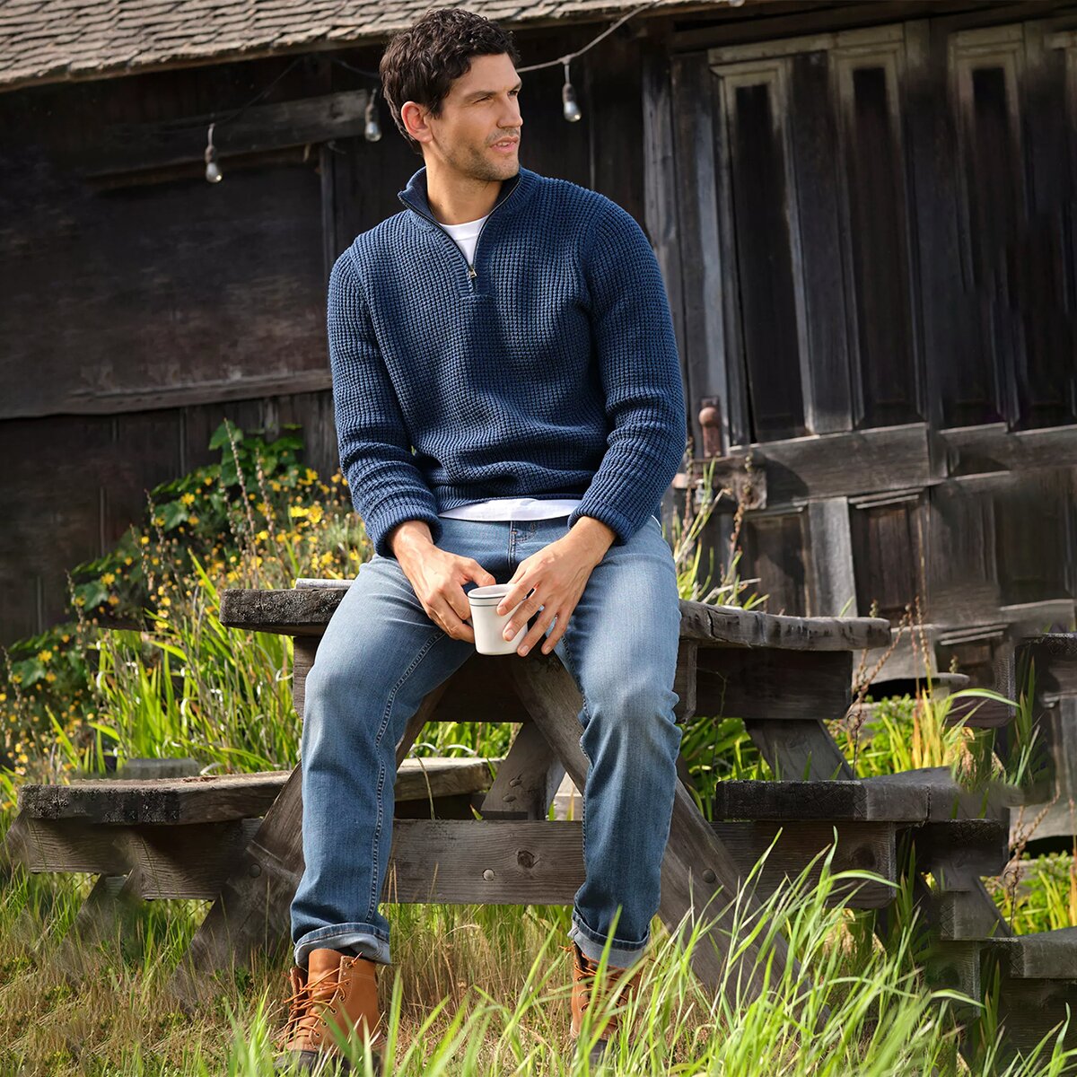 Мужской свитер L.L.Bean Bean's Organic Waffle Knit 1/4 Zip, цвет: Карбоновый тёмно-синий — фото 3