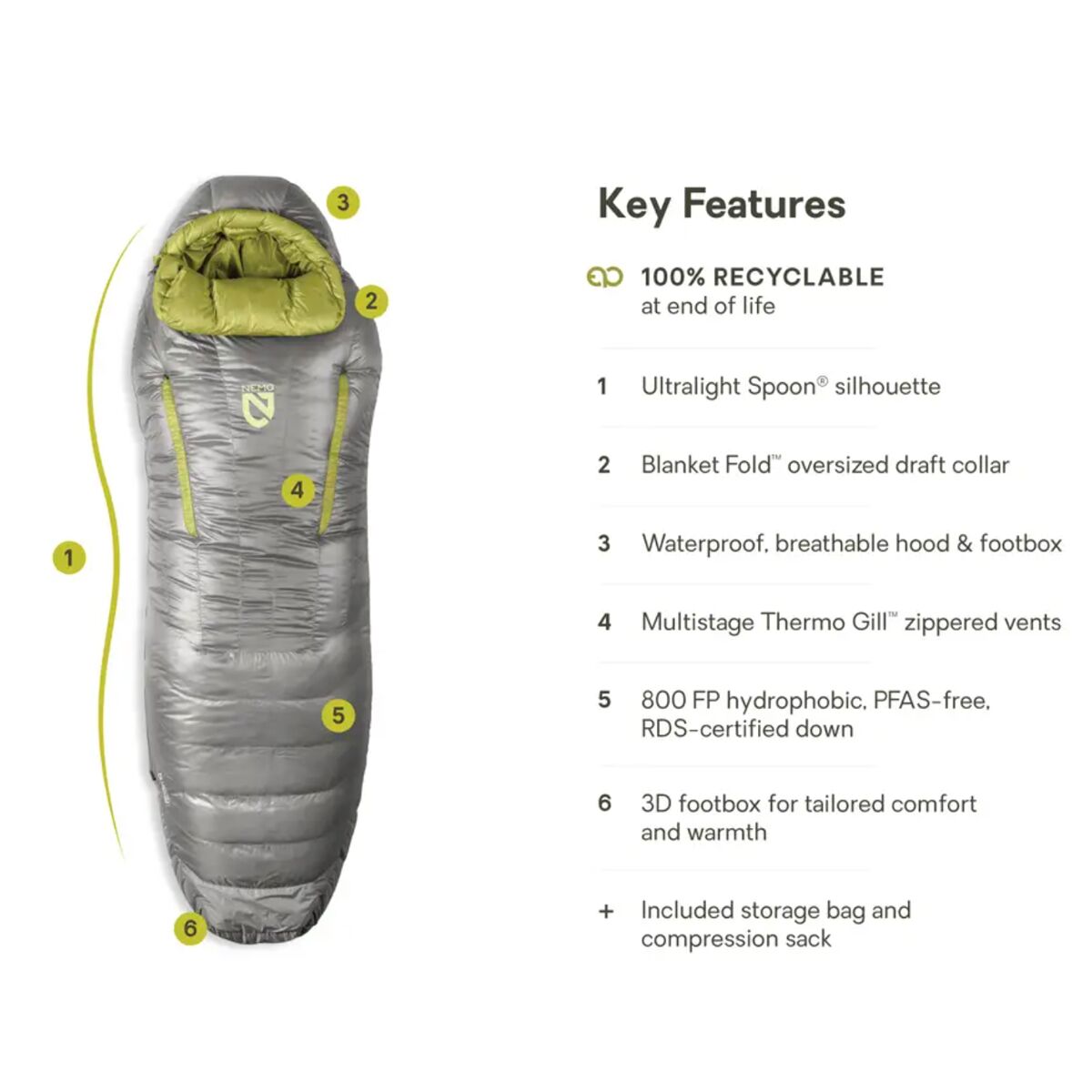 Женская сумка NEMO Equipment Inc. Riff Endless Promise Sleeping Bag: 15F Down, цвет: Титановый — фото 3