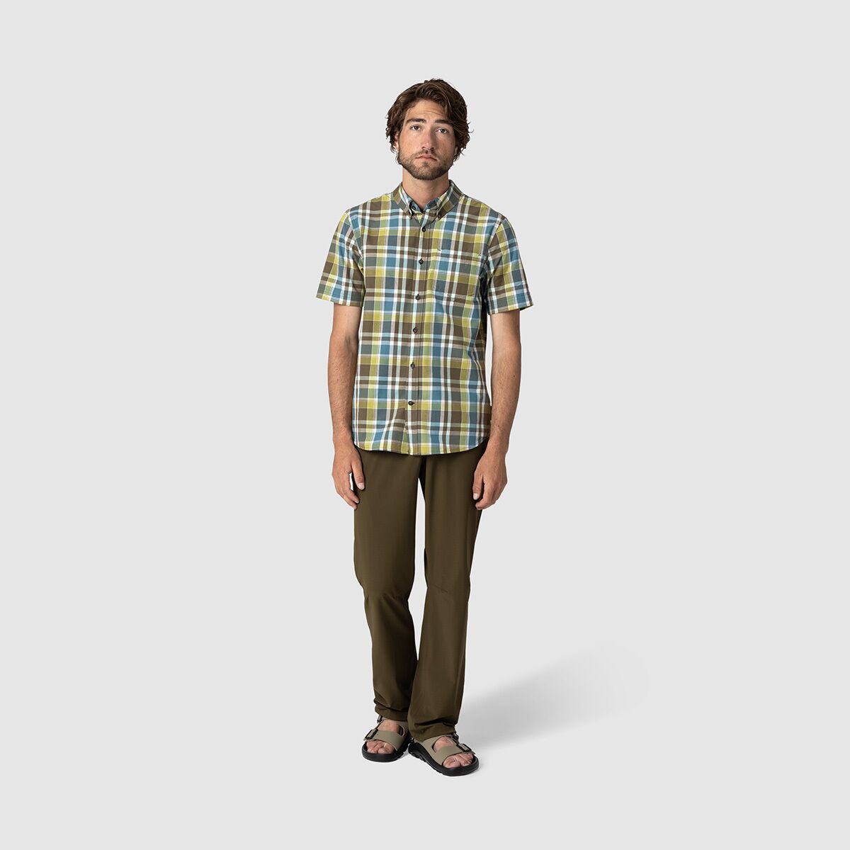 Мужская рубашка Outdoor Research Rooftop Short-Sleeve, цвет: Тёмный оливковый клетчатый — фото 5