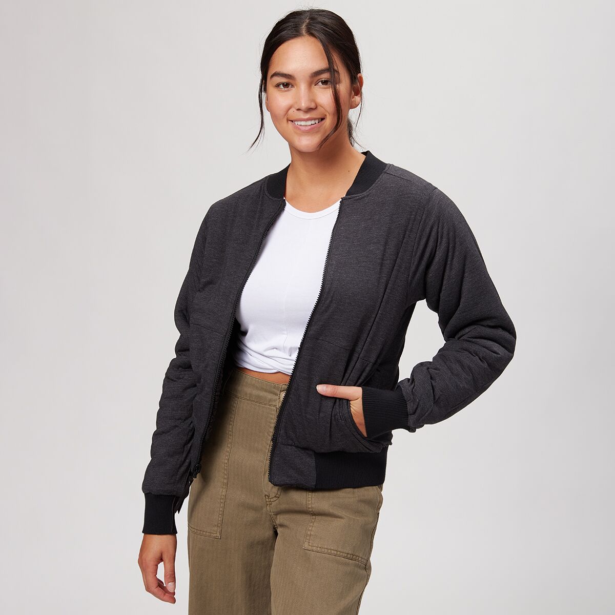 PrAna Womens Medium M Polar Escape Bomber Jacket Black Fleece/ Grey