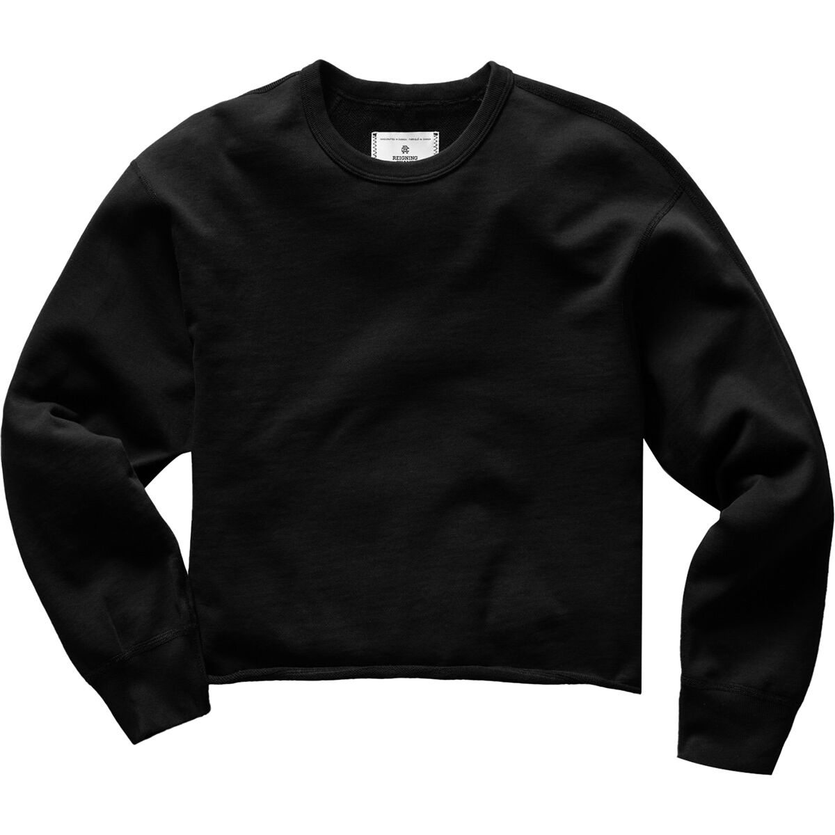 Black boxy crewneck sweatshirt with a wide torso and compact cropped body length