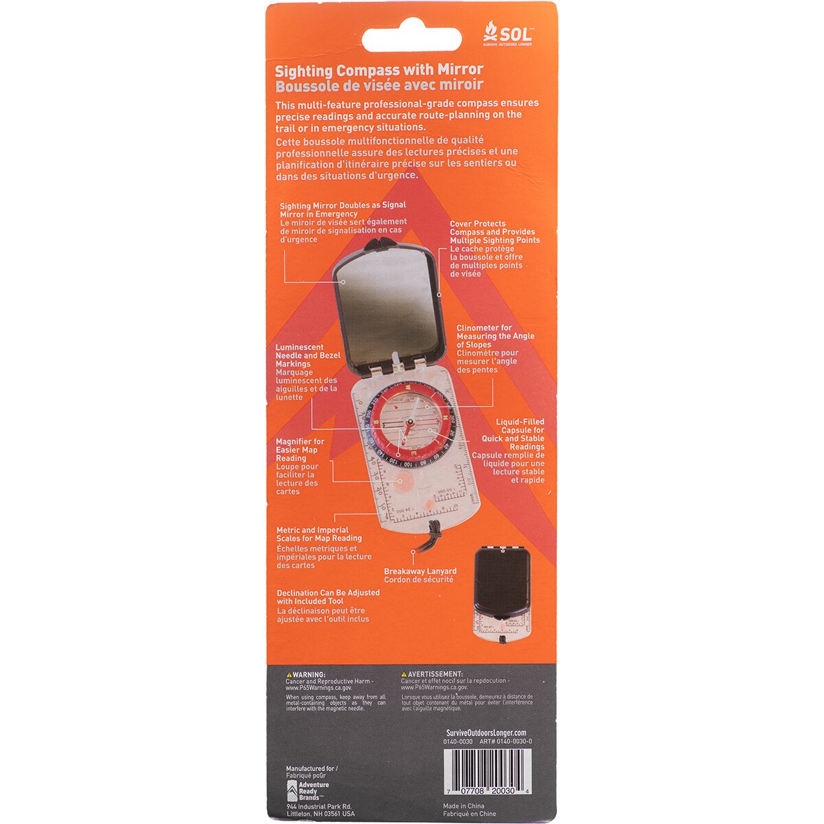 S.O.L Survive Outdoors Longer Sighting Compass + Mirror