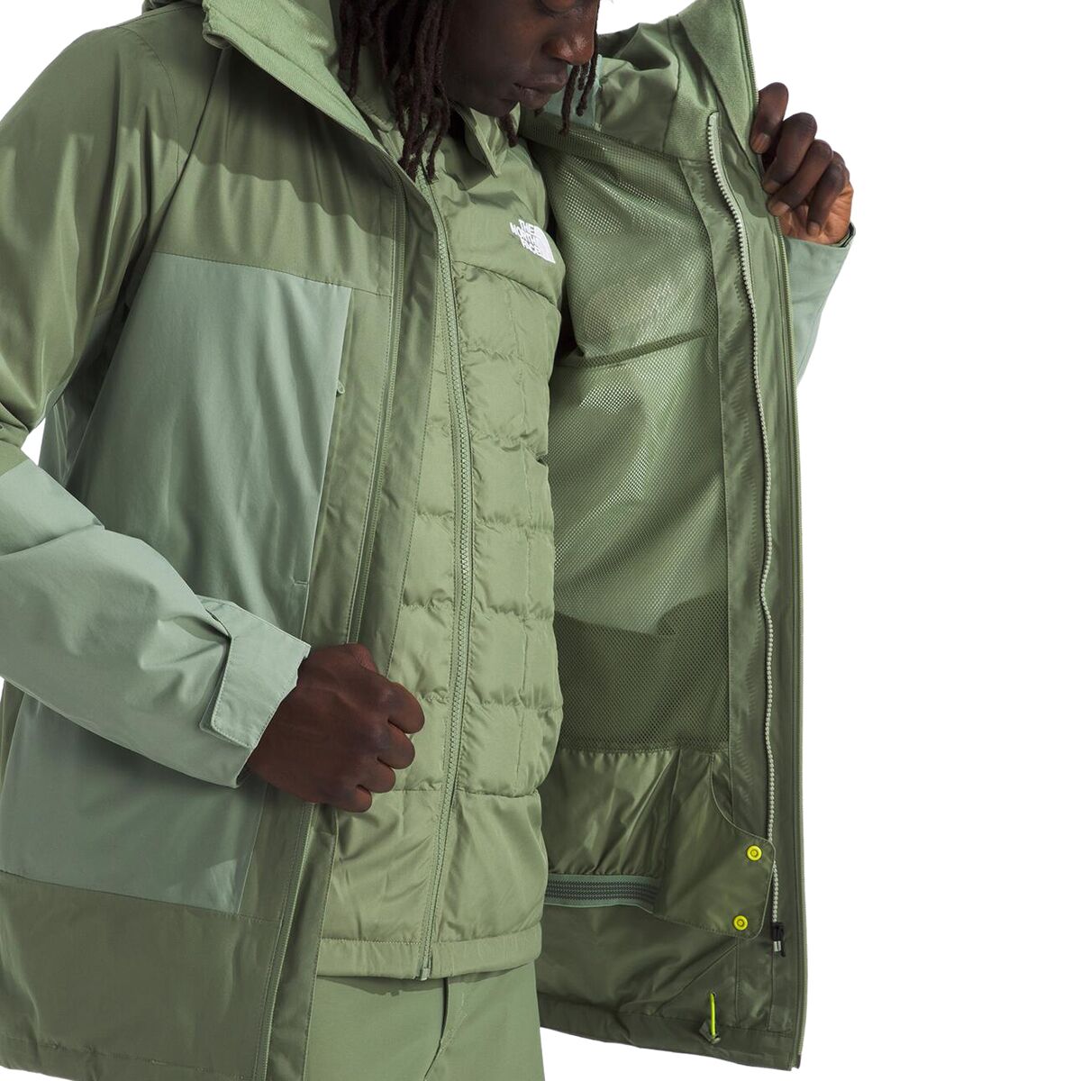 Мужская куртка The North Face ThermoBall Eco Snow Triclimate, цвет: Туманный / Сланцевый мох — фото 9