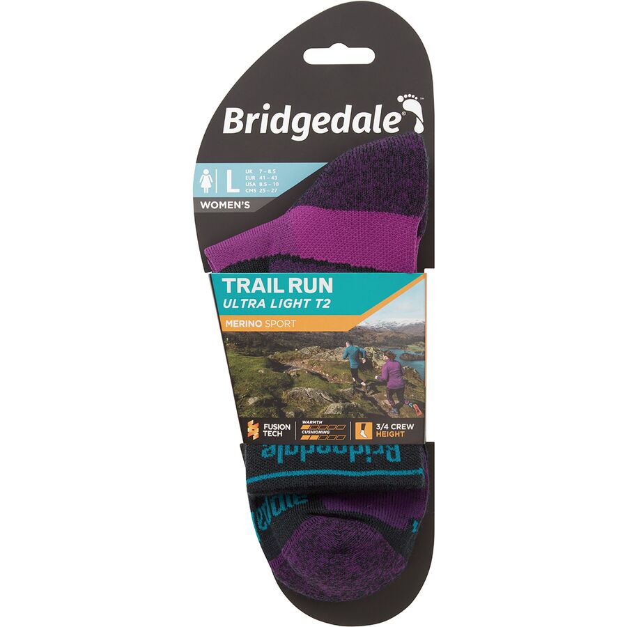 Bridgedale Men's Trail Run Lightweight T2 Merino Sport 3/4 Crew Socks – Blue