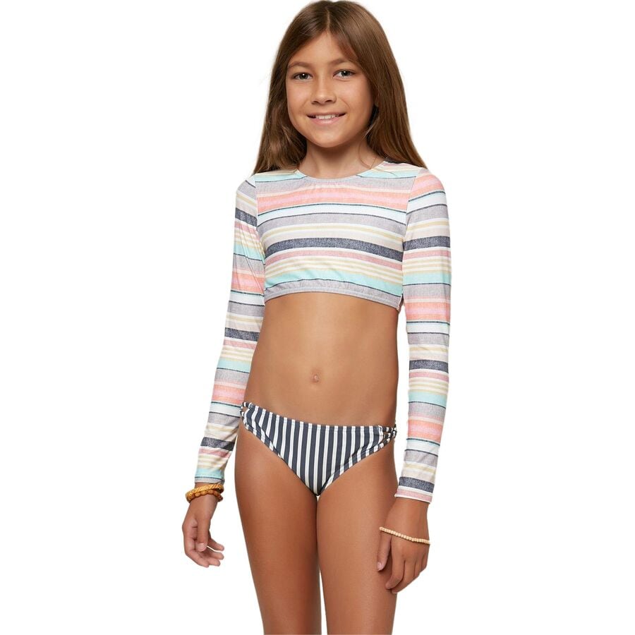 Cruz Stripe Long-Sleeve Crop Top Swim Set - Girls'