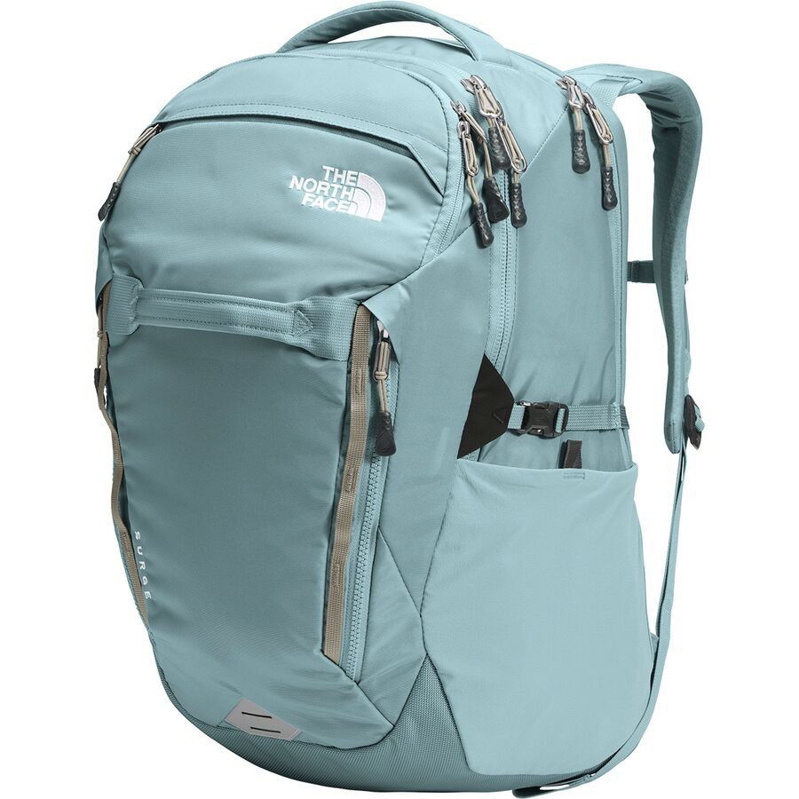 grey and blue north face backpack