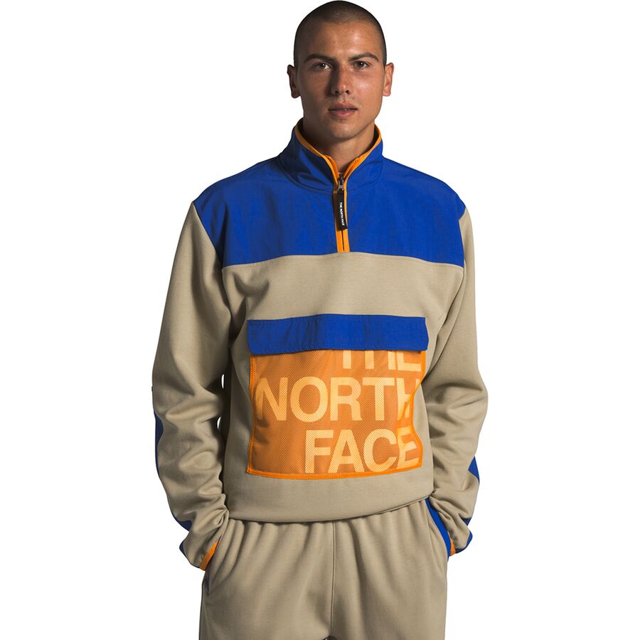 orange and blue north face jacket