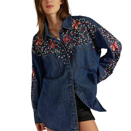 Rainbow Embroidered Denim Shirt - Women's