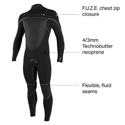 O'Neill - Psycho Tech 4/3+mm Chest-Zip Full Wetsuit - Men's - Black/Black