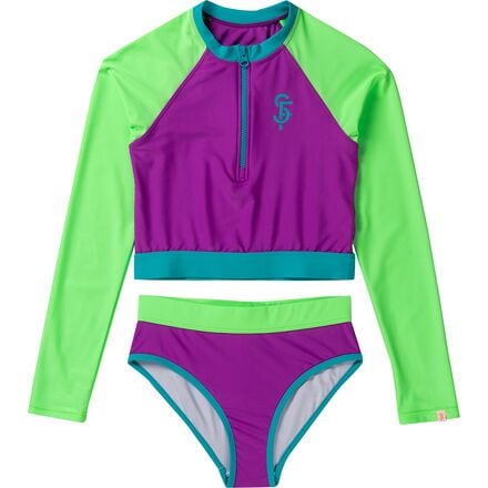 Seafolly - Long-Sleeve Rashguard Swimsuit Set - Girls' - Carnivale Col Block
