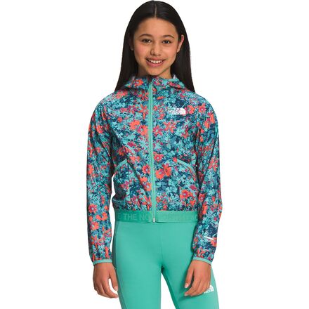 The North Face - Printed Never Stop Hooded Wind Jacket - Girls' - Coral Sunrise Forestland Floral Print