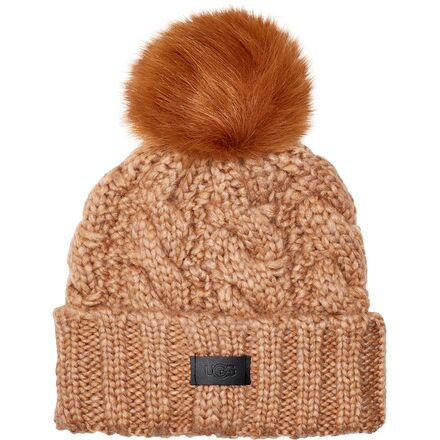 UGG - Knit Cable Beanie Faux Fur Pom - Camel