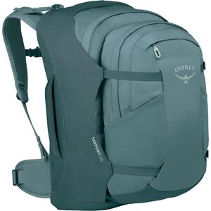 osprey 55 travel backpack Farpoint Pack Muted Space Blue is adjustable in torso length and can be completely hidden behind a zippered panel to protect it during checked luggage transport Farpoint 55 Cascade Blue-Torrent Blue