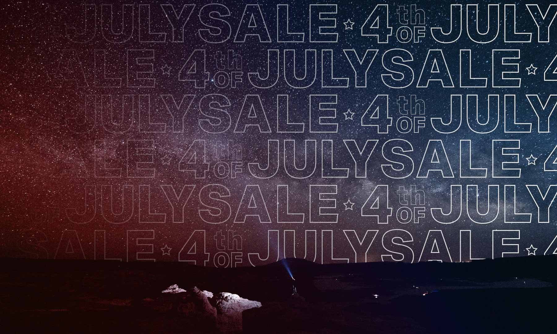 A starry night with a red, white, and blue hue is covered in the outlined words “4th Of July Sale”.