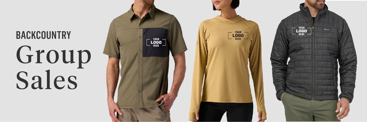 Two men and a woman in customized clothing through the group sales program.