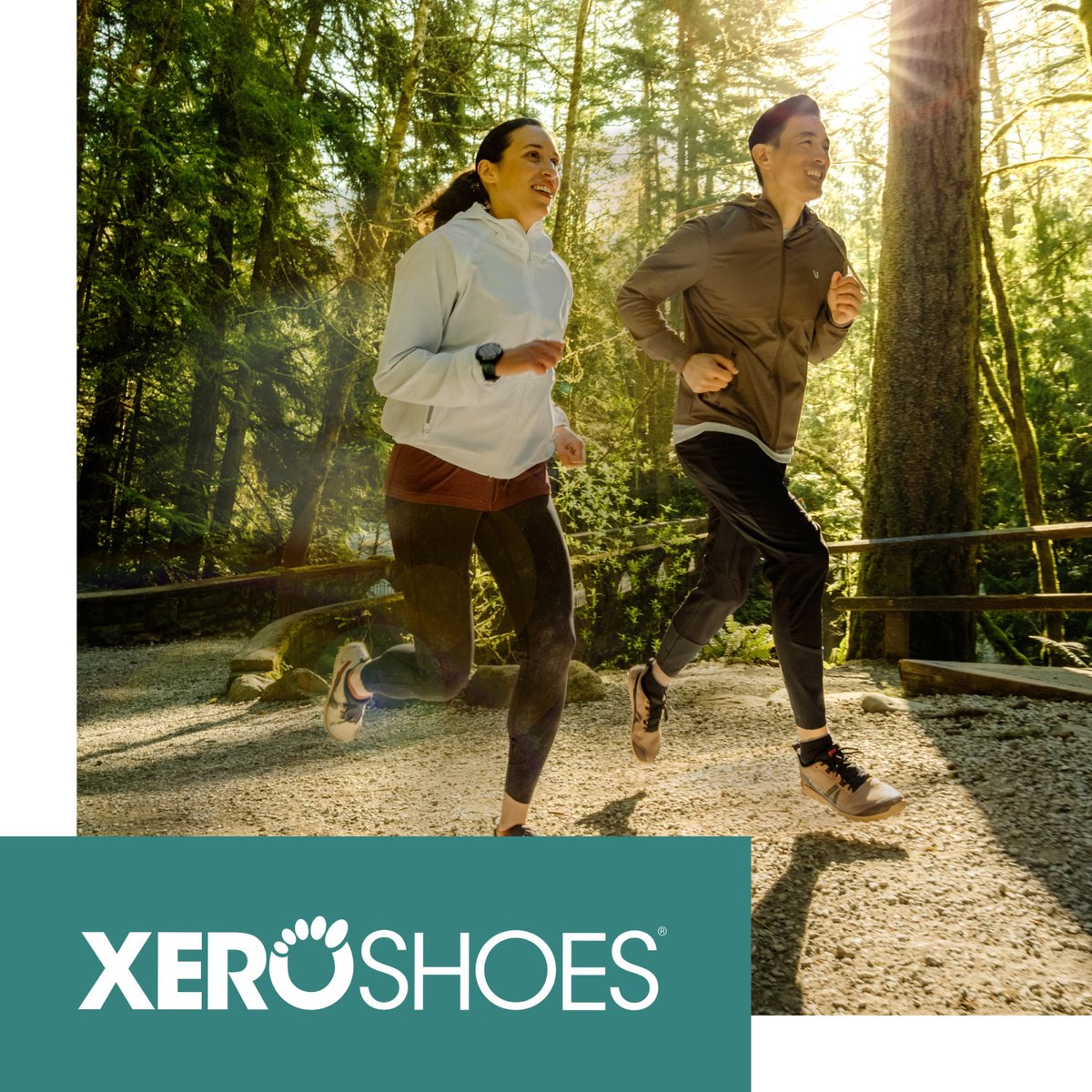 Shop XEROSHOES — two trail runners jogging through a wooded forest on a winding path