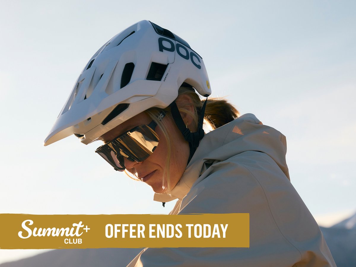 Mountain biker wearing a white POC helmet and sunglasses. Summit+ Club offer ends today.