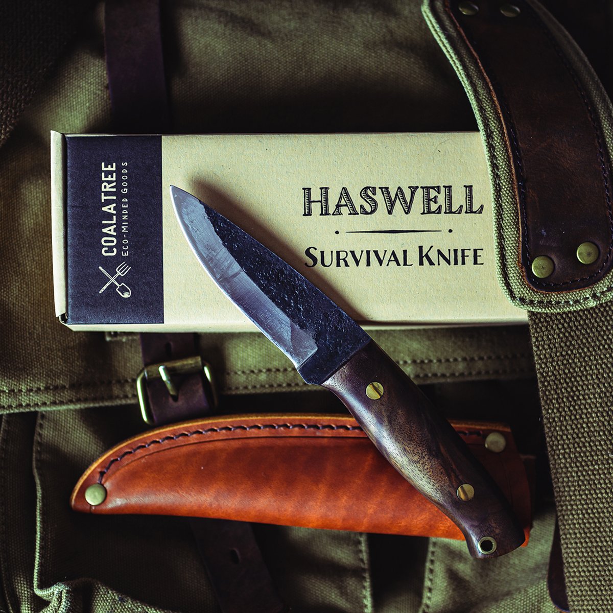 Coalatree Haswell Knife and leather sheath resting on top of packaging box.