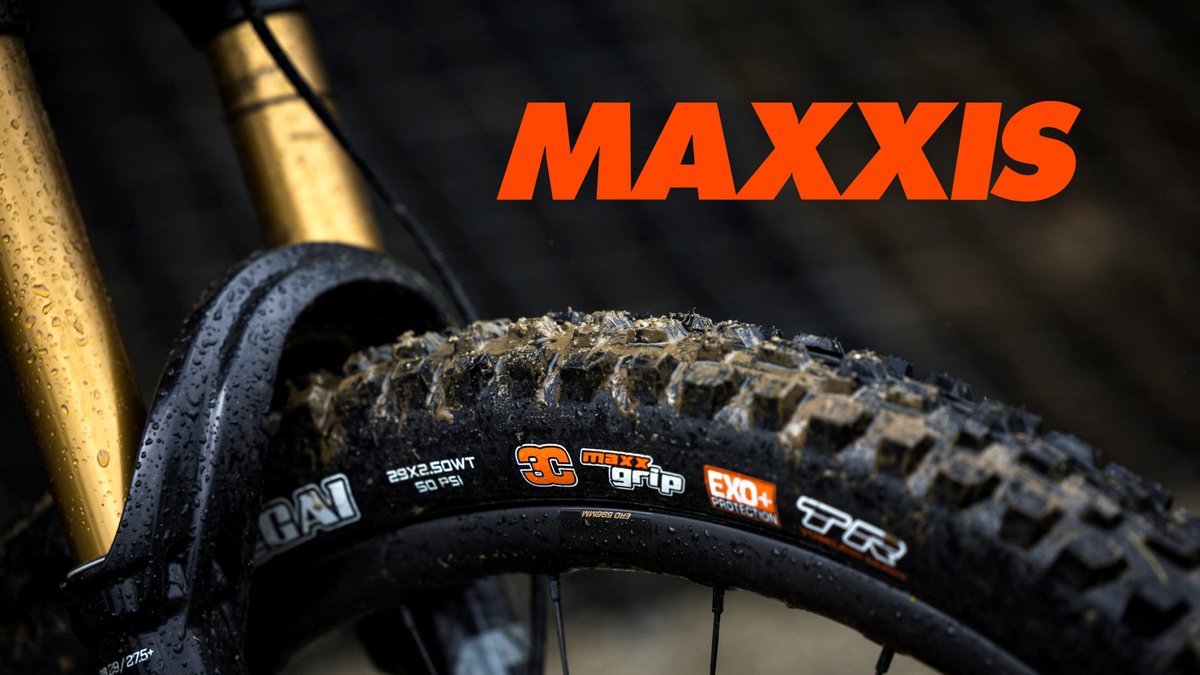 Maxxis mountain bike tire with aggressive tread pattern mounted on gold bicycle rim showcasing grip technology and protective sidewalls for off-road cycling.