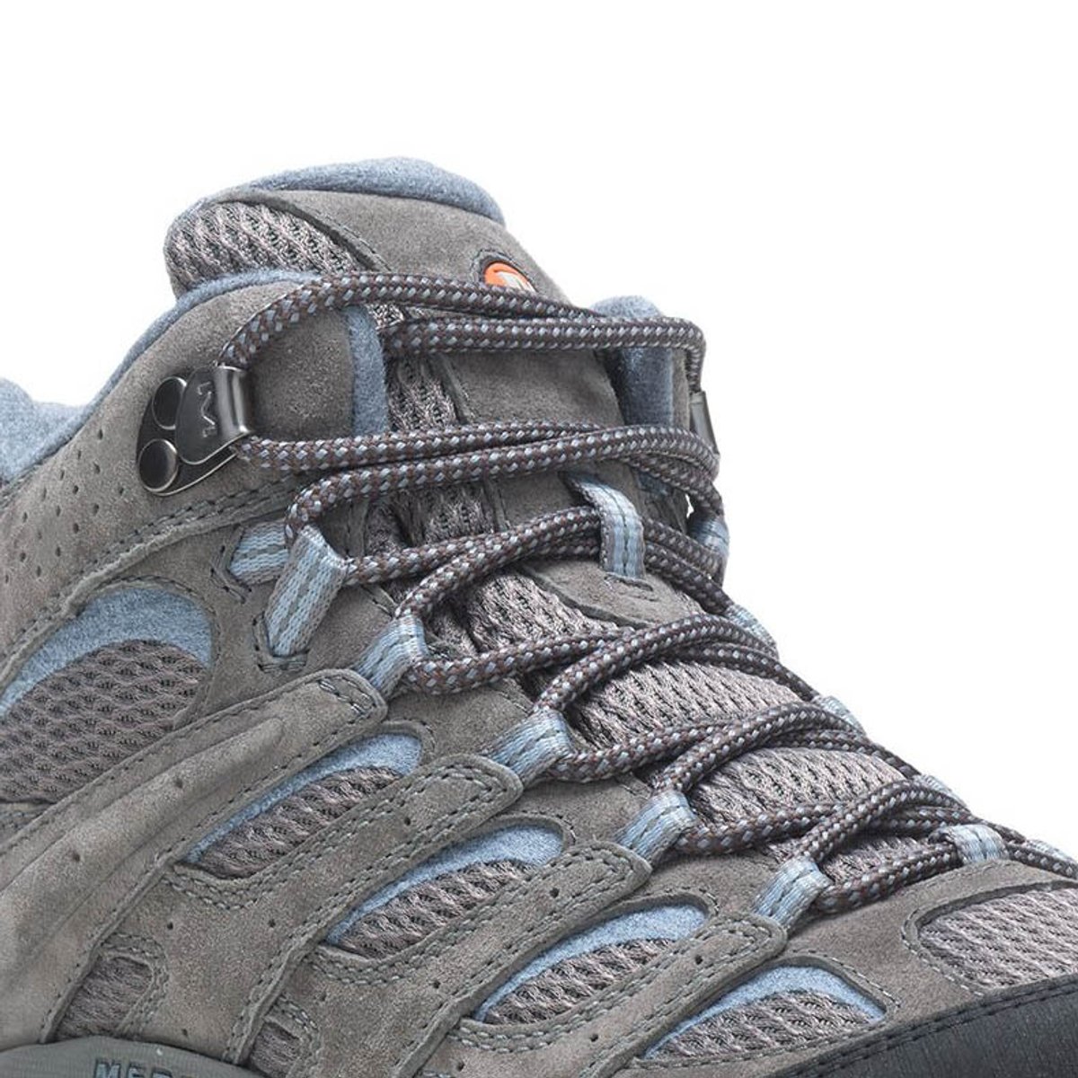 Close-up of the upper lacing system on a gray and blue Merrell hiking boot, showing the lace lock hardware, padded collar, and suede and mesh construction.