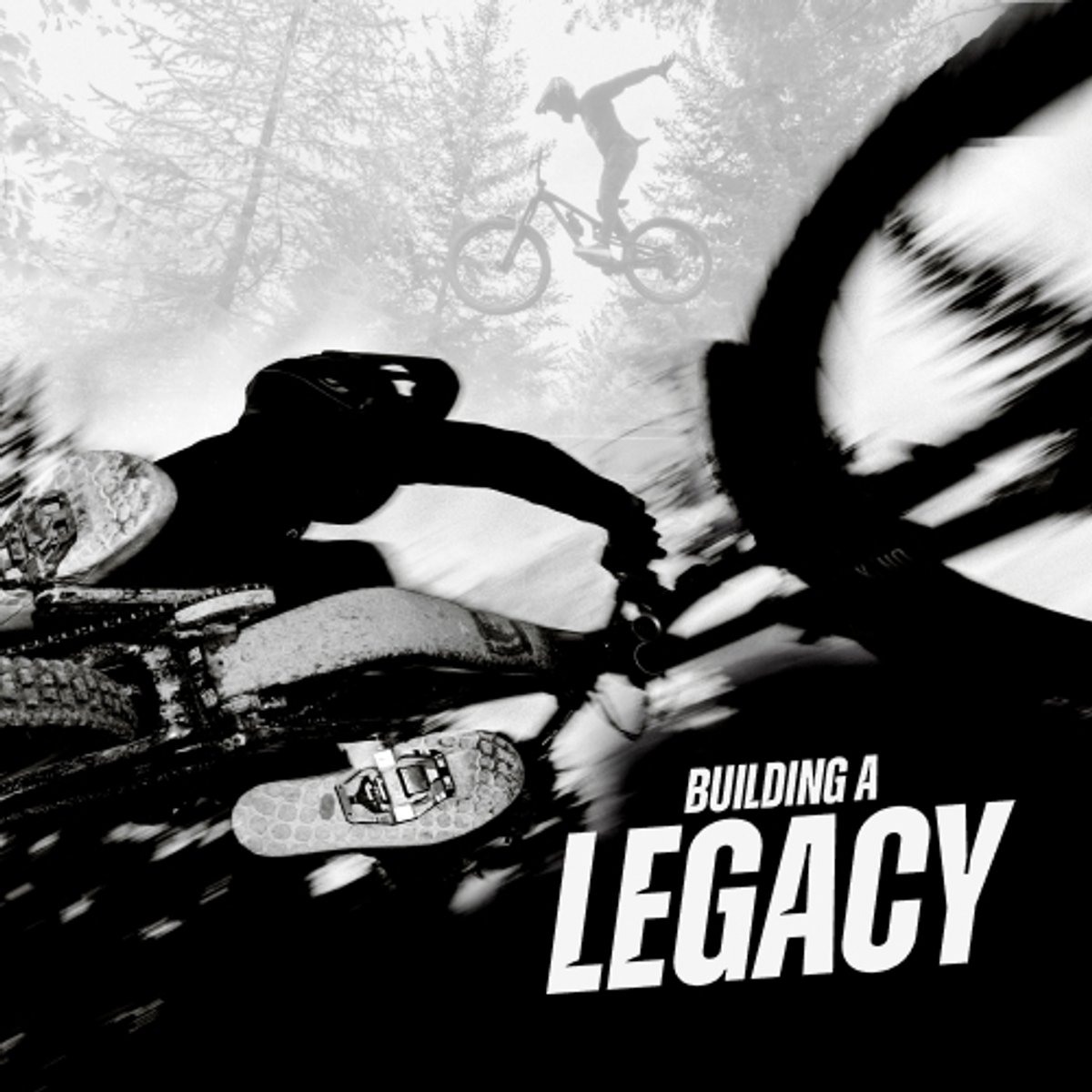 Film poster image for Building A Legacy, featuring Rémy Métailler lacing a turndown whip aboard his mountain bike. 