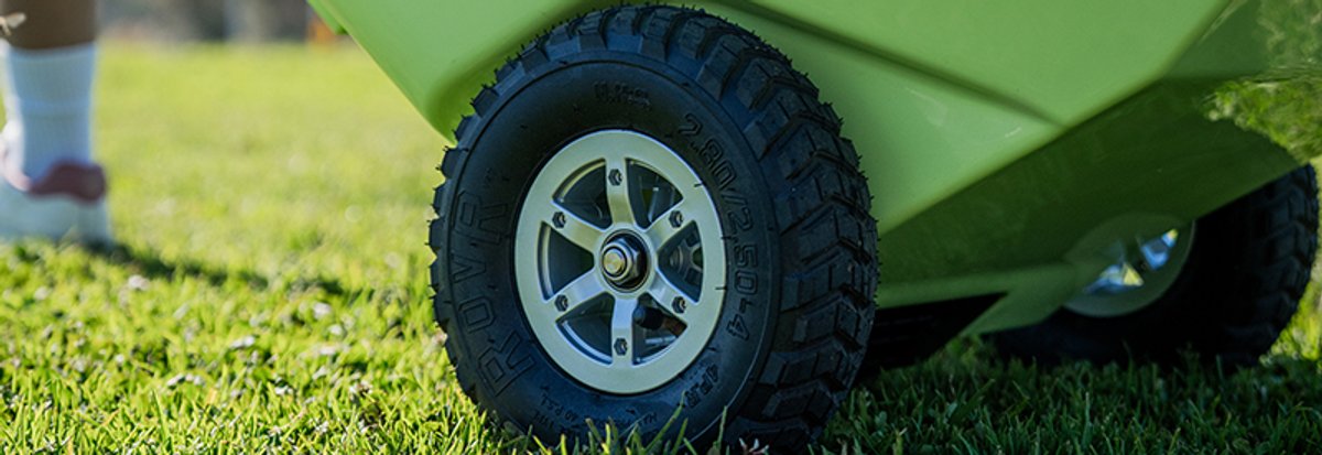 A closeup of the rugged RovR RollR wheels