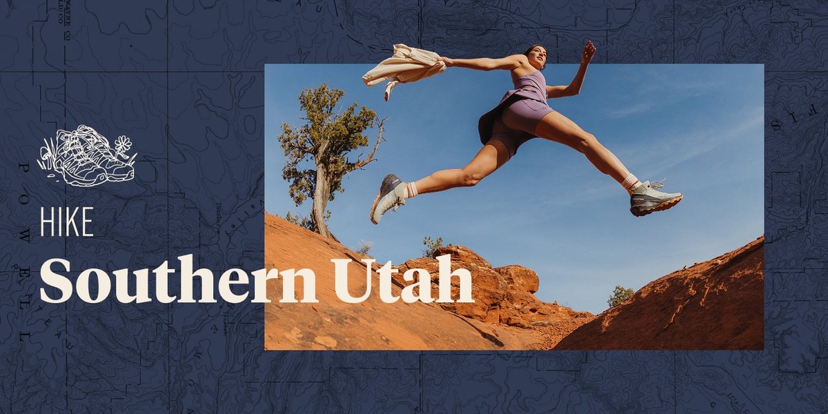 A woman leaps across red sandstone. There is a topographic background framing the image. Text overlay reads: Hike Southern Utah