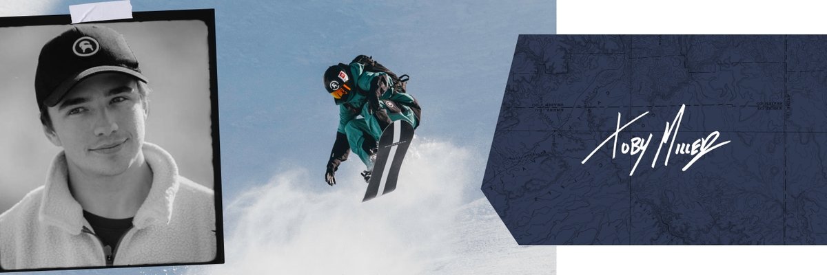 A snowboarder dressed in a Gearhead green Cardiac kit launches on a pow day. On the left is a black-and-white photo of Toby Miller wearing a fleece and Backcountry hat, and on the right is Toby’s signature.