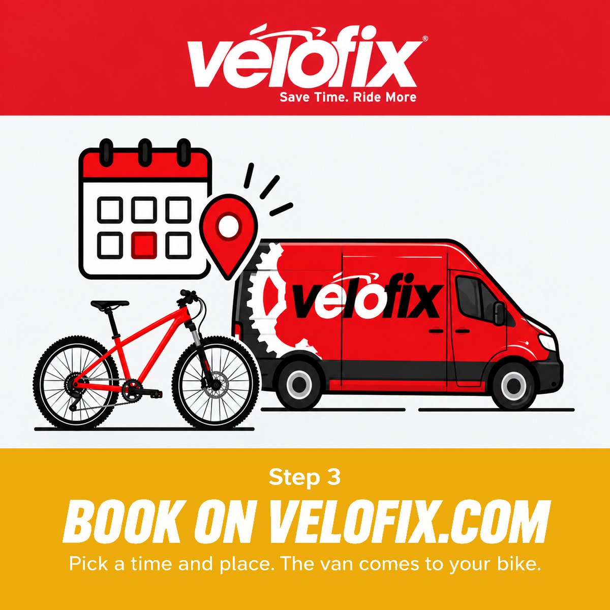 Step 3: Book on Velofix.com. Pick a time and place. The van comes to your bike.