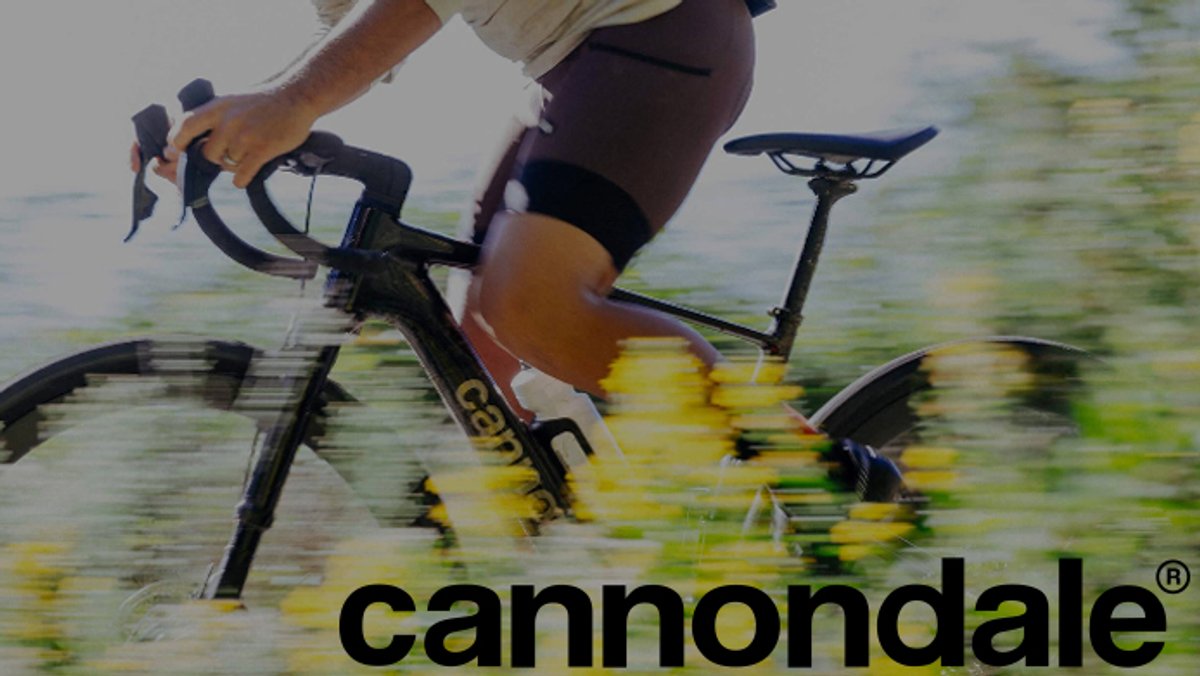 A blurred motion shot of a cyclist riding a black Cannondale bike past yellow wildflowers, with the brand logo at the bottom.