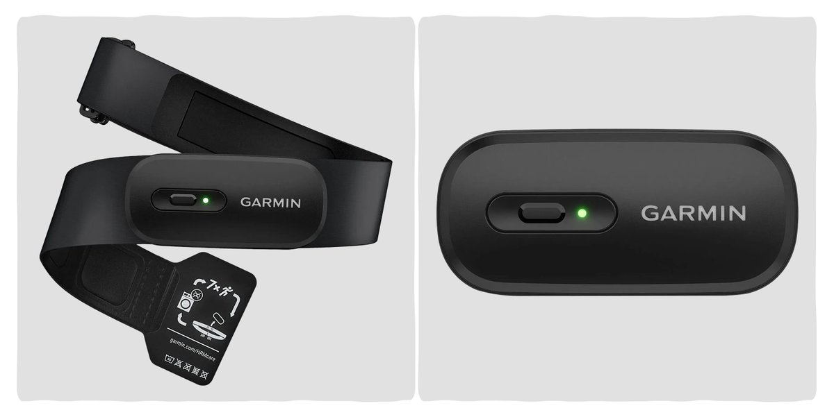 A Garmin heart rate monitor with an adjustable chest strap and sensor with an LED light and button.