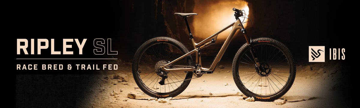 Ripley SL Race Bred and Trail Fed banner with Ibis logo and full side shot of bike pictured with dark background.